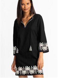 Johnny Was Relaxed Kimono Sleeve Dress Black White Stitching Detail Size XL